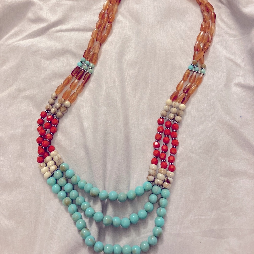 LONG boho beaded necklace in earth tones — blue orange brown